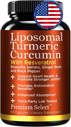 [BRSRGYIQCIOWCE3V] Liposomal Turmeric Supplement Liposomal Curcumin Capsules with Resveratrol, Boswellia Serrata, Turmeric and Ginger Supplement for Men & Women, Enhanced Absorption - Third-Party Lab Tested, Made in USA