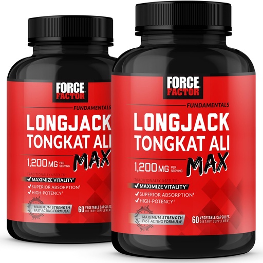 [BRSROHT6BEHW2G3Z] Force Factor Longjack Tongkat Ali Max, Tongkat Ali for Men, Male Stamina and Vitality Supplement Made with Key Natural Ingredients for Superior Absorption, 1200mg, 120 Capsules, 2-Pack