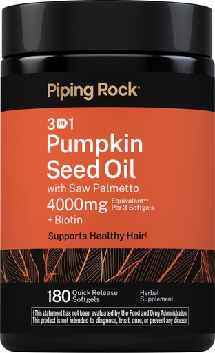 [BRSRGEILAUMQGCAZ] Piping Rock Pumpkin Seed Oil w/Saw Palmetto Complex | 4000mg | 180 Quick Release Softgels | with Biotin | Supports Healthy Hair| Non-GMO and Gluten Free