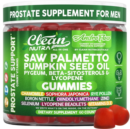[BRSREGLYAR6RG3YU] AndroFlow Saw Palmetto and Pumpkin Seed Oil Prostate Health Supplements for Men Pygeum Beta Sitosterol Lycopene Boron Zinc Selenium DIM Stinging Nettle Vitamin D, 60 Gummy Supplements By Clean Nutra