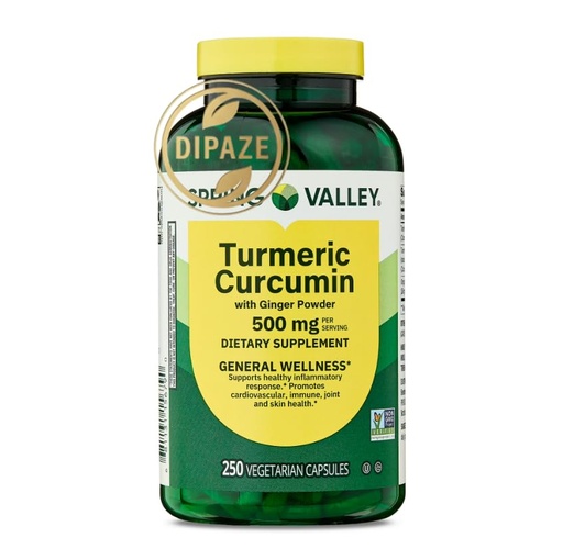 [BRSRGBT6BEDQOCT6] Spring Valley Turmeric Curcumin with Ginger Capsules, 500 mg, 250 Count – Herbal Dietary Supplement – Vegetarian Capsules – Daily Supplement + Dipaze Gift (Container)