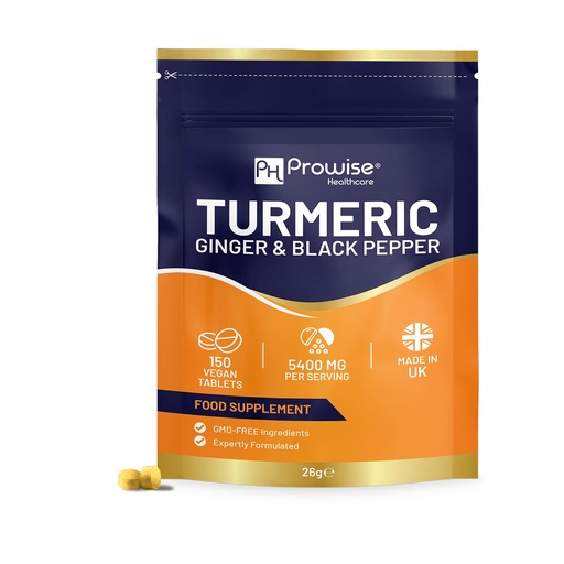 [BRSREHAEBEFBSYDJ] Turmeric Tablets 5400mg with Black Pepper, Ginger - Turmeric 95% Curcumin Supplements | 150 Easy Swallow Tablets (Not Capsules or Powder) - Letterbox Friendly - Made in UK - Prowise