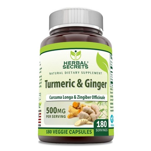 [BRSWYBA7BEMQ233H] Herbal Secrets Turmeric & Ginger 500 Mg Veggie Capsules Supplement | Non-GMO | Gluten Free | Made in USA (1 Pack, 180 Count)