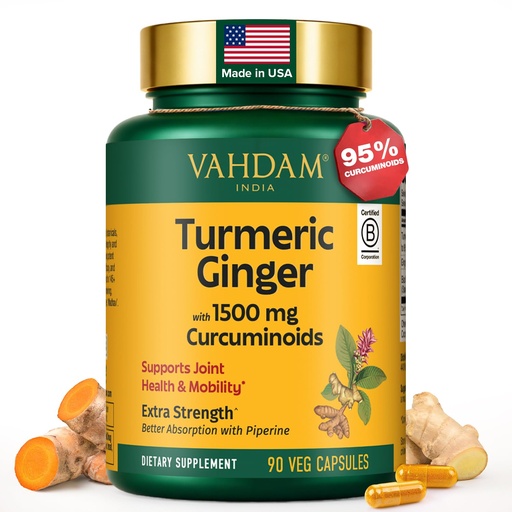 [BRSREHQNDMMQADQ4] VAHDAM Extra Strength Turmeric Ginger Supplement with 1500mg Curcuminoids per Serving | Added Piperine for Better Absorption | Supports Joint Health and Mobility | 90 Veg Capsules