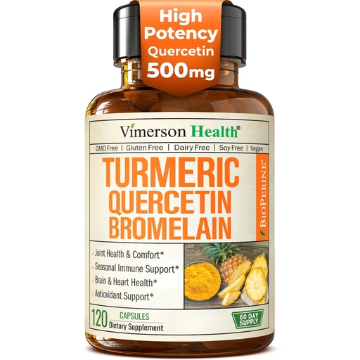 [BRSROFT3CB5Q2ADG] Quercetin with Bromelain Turmeric Curcumin Supplement – Triple Action: Allergy Relief, Inflammation and Joint Support with Organic Tumeric + Bioperine for Max Absorption – 120 Quercetin 500mg Capsules