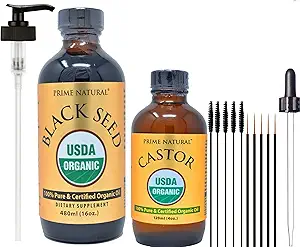 [BRSROBQRCIAQOC3O] PRIME NATURAL Organic Black Seed Oil & Organic Castor Oil - 2 Oil Bundle - USDA Certified - Cold Pressed, Virgin, Unrefined, Vegan, No Preservatives