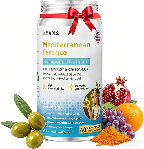 [BRSRGFAHOF7WGHY7] 9-in-1 Mediterranean Metabolic Health Olive Leaf Extract Supplement(25% Hydroxytyrosol), USA Made, Antioxidant Supplement for Immune Sleep & Mood Support- 60 Capsules
