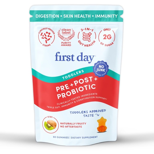 [BRSRGAY6CICQKA3V] FIRST DAY Toddler Tribiotic Gummies (Ages 2-3) | Kids Probiotic Gummies | 3 in 1 Pre + Pro + Postbiotics for Kids Digestive & Immune Health - Kiwi, 60 Counts (30 Days Supply)