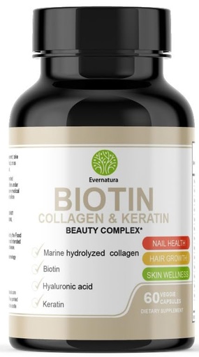 [BRSRAAL6DMJW2CDH] Evernatura Biotin Complex with Collagen, Keratin & Hyaluronic Acid, 120 Veggie Capsules, 25,000 Beauty Complex for Hair, Skin & Nail Health (1)