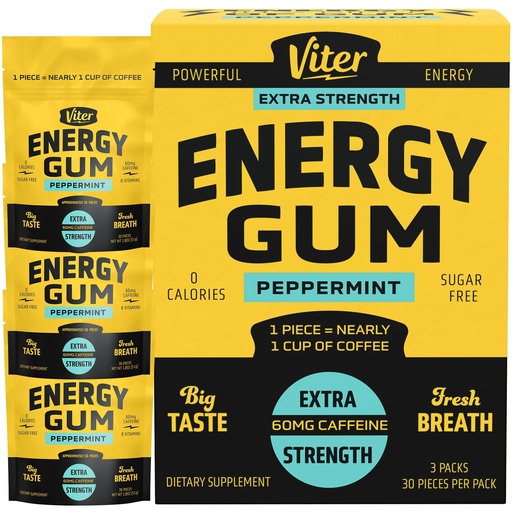 [BRSREYIYORYRY3Y2] Viter Energy 60mg Caffeine Gum (Peppermint Flavor, 30 Pieces, 3 Pack) - Sugar Free, Vitamin B3, B6, B9, B12, Zero Calories, Caffeinated Energy Chews, Nootropic Focus Supplement for Men & Women