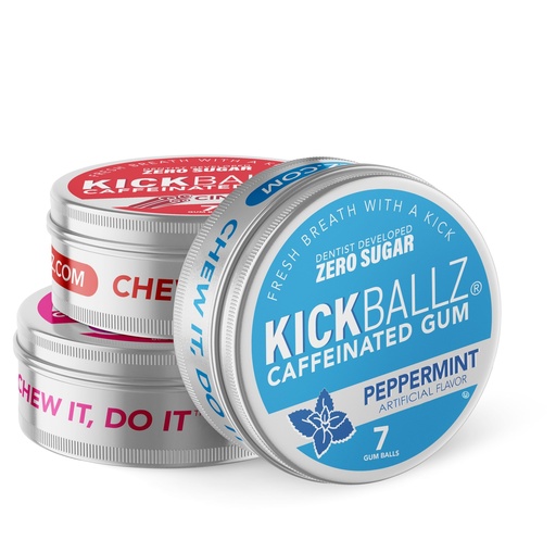 [BRSRAHAHDINBEGY3] KickBallz Variety Caffeinated Energy Gum | 110mg Fast-Acting Caffeine for Focus, Alertness, Pre-Workout | Sugar-Free, Keto, Gluten-Free | Peppermint, Cinnamon, Bubblegum | 3 Tins, 21 Pieces