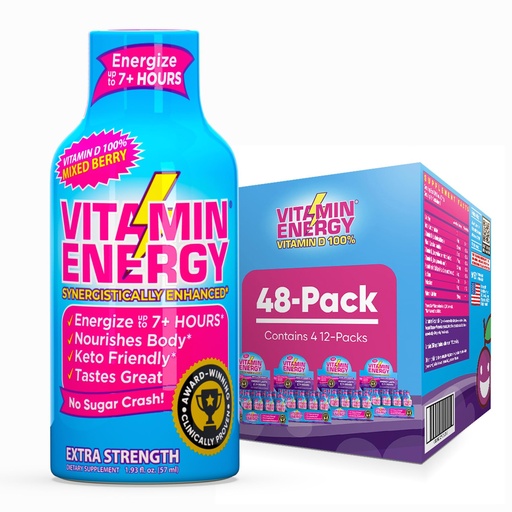 [BRSRAAYQOECW22T5] Vitamin Energy Vitamin D Extra Strength Energy Shot Mixed Berry 48 Pack, 260mg Natural Caffeine, B-Complex, Vitamin D, Wellness Support, Keto, Zero Sugar, Gluten-Free Vegan Kosher, 1.93 fl oz