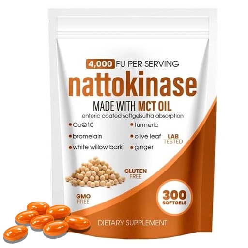 [BRSRGADQOQDQKFDF] Nattokinase 4,000 FU Supplement, 300 Enteric Coated Softgels with MCT Oil | 7-in-1 Heart & Circulation Support with CoQ10, Bromelain, Turmeric, Ginger, Olive Leaf & White Willow Bark