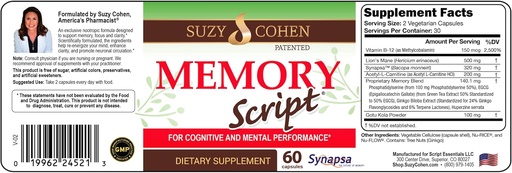 [BRSWGZQ7AAPQAGTX] Suzy Cohen Memory Script with Lions Mane, Phosphatidylserine, Green Tea Extract and Ginkgo - Brain Support Supplement for Focus - Nootropic Capsules for Cognition, Faster Recall and Mood