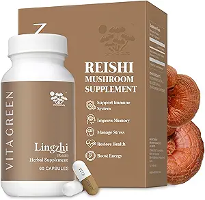 [BRSW2FQ5OIHGGE3L] Vita Green Lingzhi Mushroom Supplement - Immune Support & Natural Energy Capsules - Red Reishi Mushroom Powder - Pure 5 Defenders Blend - 60 Capsules