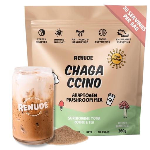 [BRSRMZL4DMIWEFIU] Renude Chagaccino - Chaga Mushroom Powder, Mushroom Coffee Drink Mix with Adaptogens, Natural Energy and Immune Support, Vegan, Keto, Zero Calorie Mushroom Blend Powder - 30 Servings