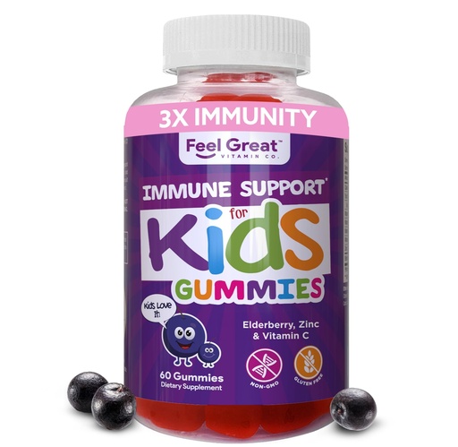 [BRSWYYYDOB4GGEI6] Feel Great Immune Support for Kids | Vitamin C Zinc & Elderberry Gummies | Sambucus Nigra Immunity Multivitamin | Vegetarian | 60 Day Supply