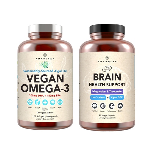 [BRSRACT3BZYWC33P] AMANDEAN Brain & Vegan Omega-3 Bundle: Magnesium Threonate, USA-Grown Lion’s Mane 6:1, Alpha-GPC & Algae DHA/EPA. Plant-Based Essential fats for Brain, Eye, Heart & Skin Health. Fish Oil Alternative.