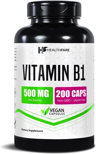[BRSROAQ5BEJQKGY4] Healthfare Vitamin B1 (Thiamine) 500mg | 200 Vegan Capsules | Extra Strength High Potency Supplement | Supports Energy & Nervous System | Non-GMO, Gluten-Free | Made in USA