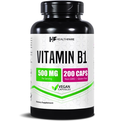 [BRSROAQ5BEJQKGY4] Healthfare Vitamin B1 (Thiamine) 500mg | 200 Vegan Capsules | Extra Strength High Potency Supplement | Supports Energy & Nervous System | Non-GMO, Gluten-Free | Made in USA