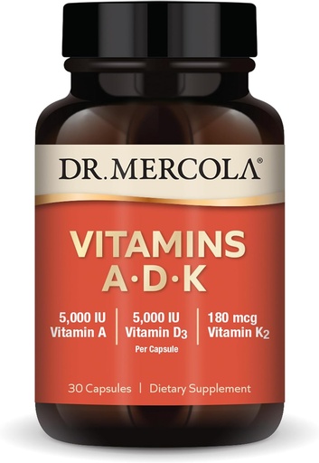 [BRSROC34CIPBSHQV] Dr. Mercola Vitaminer ADK, 30 serveringer (30 kapsler), Diett Supplement, 5000 IE Vitamin A & vitamin D3, 180 mcg vitamin K2, støtter immun helse, ikke GMO