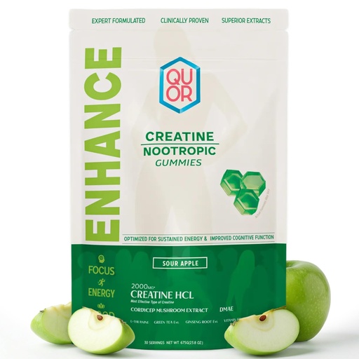 [BRSRGAYROIGREGTD] QUOR Enhance Creatine HCl Gummies | Vegan Nootropic Stack for Men & Women with Cordyceps, L-Theanine & Vitamin B12 | Supports Sustained Energy, Cognitive Function (150 Gummies, Sour Apple)