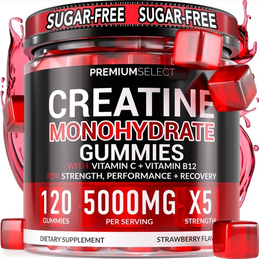 [BRSROBIRBMPQ2C34] Sugar Free Creatine Monohydrate Gummies 5g Per Serving - 120 Monohydrate Creatine Gummies Advanced Complex with Vitamin C + Vitamin B12 for Muscle Strength, Energy Boost, Pre-Workout Gummy