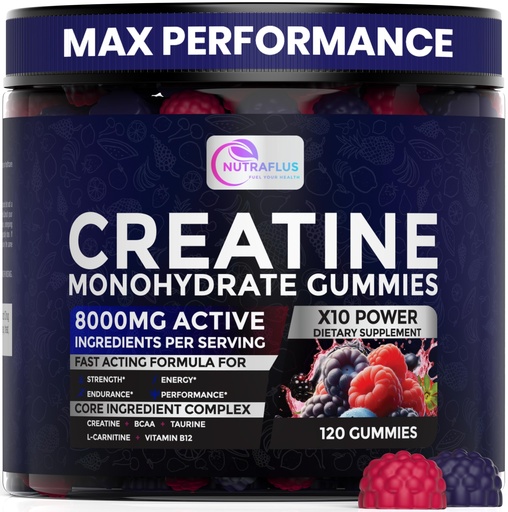 [BRSREZYQBMIAA3T7] Creatine Monohydrate Gummies – Berry Flavored Creatine Supplements for Women and Men – 120Pcs Pre Workout Gummies with BCAA, Taurine, Vitamin B12 - Promote Energy Boost, Performance