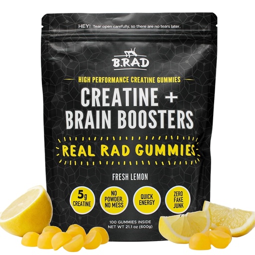 [BRSRGYIYB4IBA2AY] B.rad Real Rad Creatine Gummies | 5g Creatine Monohydrate Per Serving | with Alpha GPC, L-Theanine, L-Tyrosine, L-Citrulline & Panax Ginseng | Natural Lemon Flavor | 100 XL Gummies