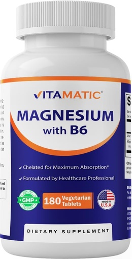 [BRSRMALRBYNBYD32] Vitamatic Magnesium with B6-180 Vegetarian Tablets (Uncoated) - Added B6 for Maximum Absorption - Supports Muscle, Joint, and Heart Health