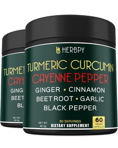 [BRSROBIBOB6AE23G] Herbpy 7in1 Turmeric and Cayenne Pepper Supplement - Digestion, Immune, Brain & Heart Health Support with Ceylon, Ginger, Garlic, Beetroot - 2Pack60