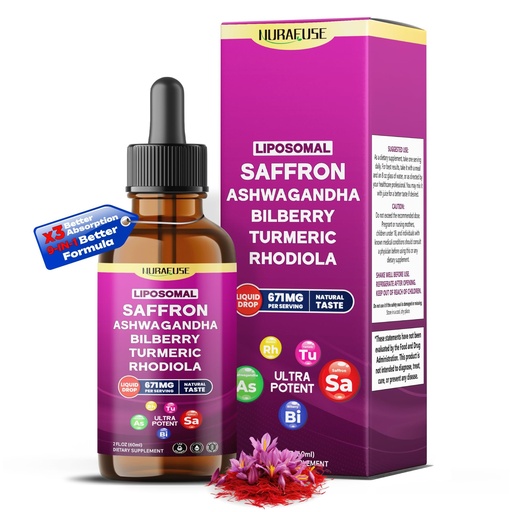 [BRSREYYPDIOW23LO] Liposomal Saffron, Ashwagandha, Bilberry, Turmeric, Rhodiola Liquid Drops – 1000mg per Serving, Ultra Potent, Natural Taste – 2 FL OZ (60ml)