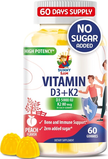 [BRSROA34PIBGGFA6] Vitamina libre de azúcar D3 K2 Gummies 5000 UI - Immune &amp; Bone Support Gummies - Vitamina D Gummy Suplemento para adultos - High-Absorption, Vegan, Halal, Vitaminas Chewable sin gluten