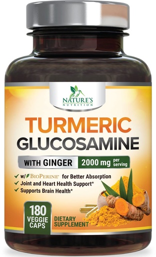 [BRSWGGLRC4BB4GQV] Turmeric Curcumin Supplement - 95% Curcuminoids with Glucosamine, Ginger & MSM, BioPerine Black Pepper Extract for Best Absorption, Natural Vegan Joint Support, Non-GMO, Bottled in USA - 180 Capsules