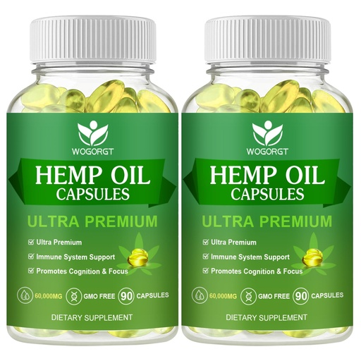 [BRSROEIFO4GRGFA3] (2Pack) Hemp Oil Capsules - 60,000 Maximum Strength, Immune Support, Focus Calm, Relaxation, Mood, Rich in Omega 3, 6, 9 Fatty Acids - 90 Capsules