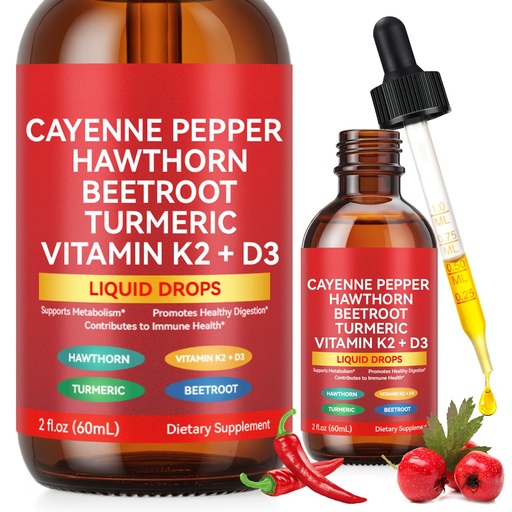 [BRSRGYAQCMFBMC3V] Cayenne Pepper Drops 60ml | Supports Metabolism, Circulation & Energy | with Cayenne Pepper, Turmeric, Hawthorn, Beetroot, Vitamin D3+K2
