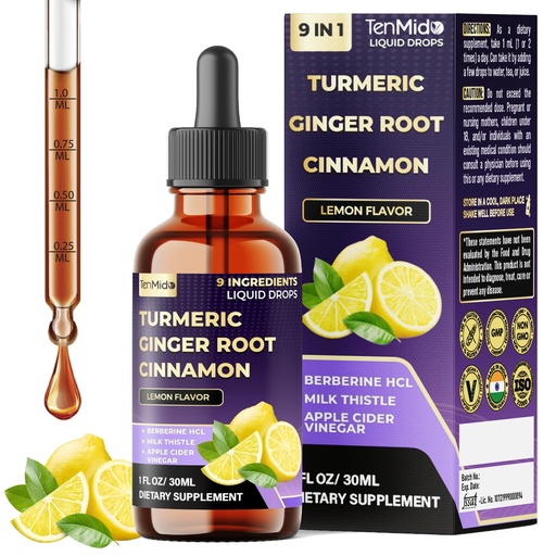 [BRSREGAEOF5BUD3B] 9in1 Liquid Turmeric Curcumin Supplement with Ginger, Ceylon Cinnamon, Berberine HCl, Milk Thistle, Apple Cider Vinegar, Rosemary, Holy Basil & Black Pepper - 30ml 1Fl Oz