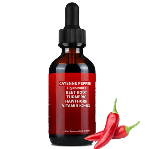 [BRSREYA5BAOWYCTG] Cayenne Pepper Drops, Cayenne Pepper Hawthorn Beet Root Turmeric Curcumin, Vitamin K2 & D3, Cayenne Health Supplements, Gentle Formula, Vegan-Friendly, Easily Absorbed - 60ml