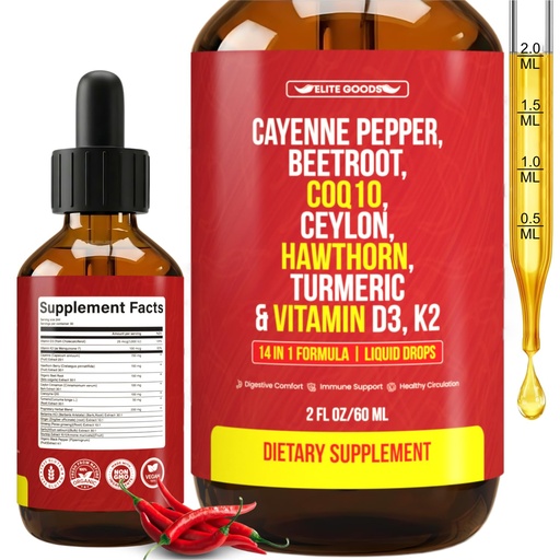 [BRSREAI5OIHGK23J] Cayenne Pepper Drops - Organic Supplement with Hawthorn Berry, Beet Root Powder, COQ10, Vitamin D3 & K2, Ceylon Cinnamon, Turmeric, Ginseng & Berberine - 60 ml (1 Pack)