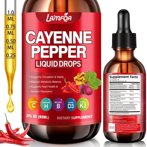 [BRSREFT3DEBBAHLZ] Cayenne Pepper Liquid Drops - Potent Blend with Hawthorn Berry, Turmeric Curcumin, Vitamin D3 K2, Beet Root & Panax Ginseng - Vegan, Non-GMO, High Absorbed Gentle Formula - 2 OZ