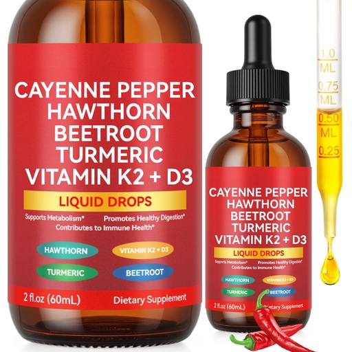 [BRSRE2QYCMBRMDIY] Cayenne Pepper Drops, Cayenne Pepper Supplement Liquid Drops + Hawthorn Berry, Vitamin K2 & D3, Turmeric Curcumin, Beet Root Powder, Vegan-Friendly, Easily Absorbed - 60ml