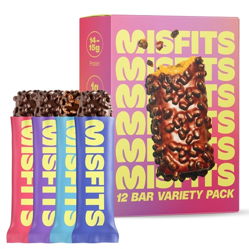 [BRSRMCA6CANWG3LX] Misfits Protein Bar Variety Pack | Nutrition Bars - 14-15g Protein, 1g Sugar, Plant-based, Low Carb, Non-GMO, Gluten Free Snacks | Vegan Protein Bars | Pack of 12, Multiple Flavors