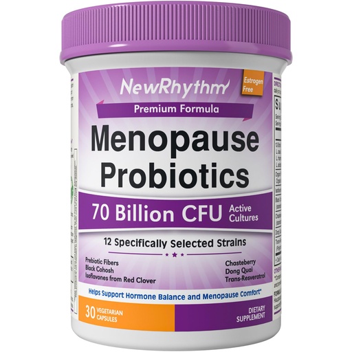 [BRSRABQQCANQMGT5] NewRhythm Menopause Probiotics for Women, 7-in-1 Relief, Prebiotics, Black Cohosh Trans-Resveratrol Chasteberry Red Clover Dong Quai, Hot Flashes Night Sweats, No Soy, No Estrogen, 30 Ct