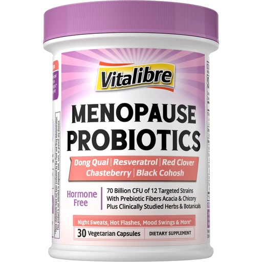 [BRSRAC36OAPRS2DZ] Vitalibre Menopause Probiotics for Women 70 Billion CFU, 12 Targeted Strains, Organic Prebiotics, Black Cohosh Resveratrol Red Clover Chasteberry Dong Quai, Hot Flash Night Sweat+, No Estrogen, 30 Ct