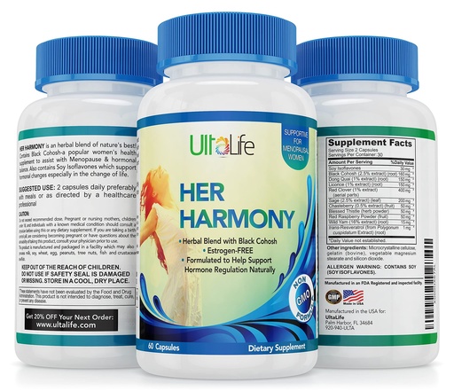 [BRSWIAQCBEFWOFDY] UltaLife Her Harmony Menopause Supplements for Women - Hot Flashes Menopause Relief & Hormone Balance for Women - Contains Black Cohosh, Dong Quai, Red Clover & More - Estrogen Free - 60 Capsules