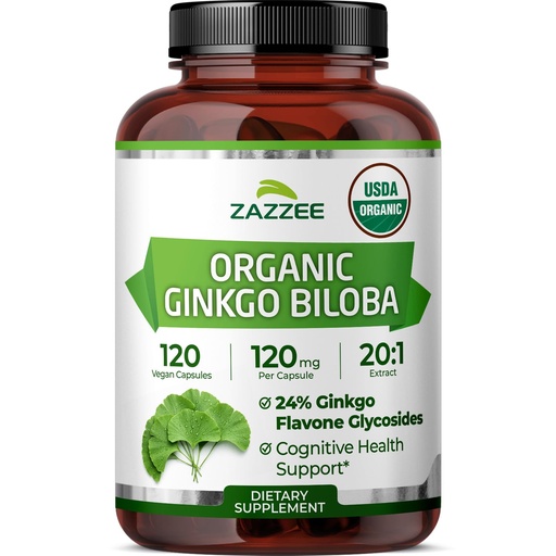 [BRSRGHA3CV7A4DLP] Zazzee USDA Organic Ginkgo Biloba 20:1 Extract, 24% Ginkgo Flavone Glycosides, 120 Vegan Capsules, 4 Month Supply, Memory, Cognitive & Brain Health Support, All-Natural, Non-GMO, Made in the USA