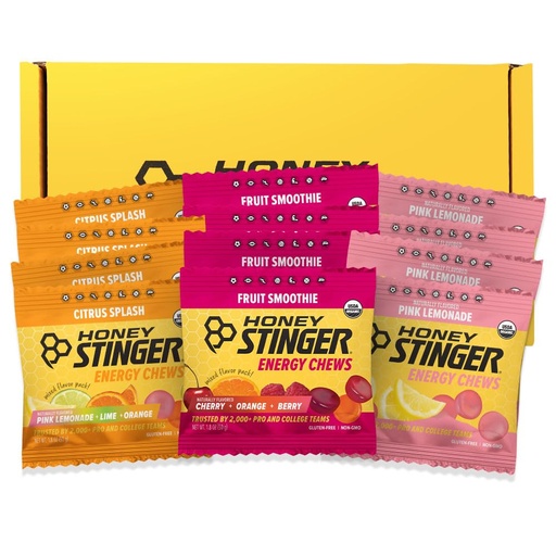 [BRSRABQLCUHWOD37] Honey Stinger Organic Energy Chew Variety Pack of 12, 4 Pack Each of Fruit Smoothie, Citrus Splash and Pink Lemonade, Gluten Free & Caffeine Free, Energy Chews for Exercise, Endurance and Performance