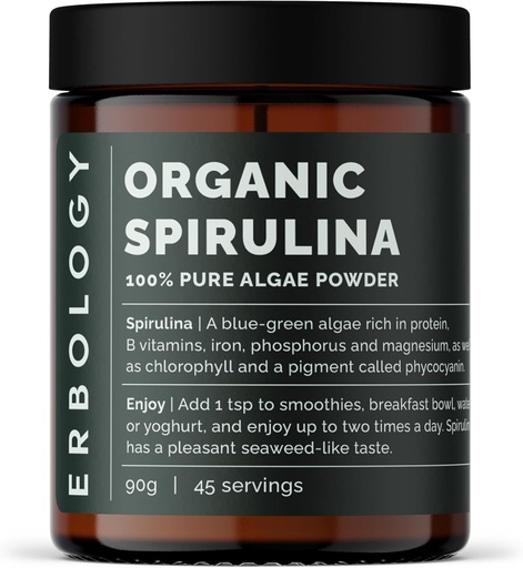 [BRSROAQPBUMAY3T7] Erbologia Organic Spirulina Polvere 3.2 oz - 45 Serve - Sostenibilmente Fonte in Portogallo - Supporto per l'energia e l'immunità - Ricco di clorofilla, B Vitamine, Ferro e Fosforo - Vegan - OGM-Free