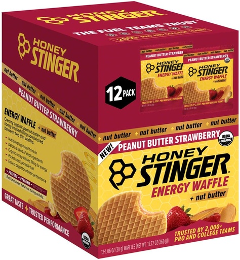 [BRSRGYIQBN7Q2CQV] Honey Stinger Organic Peanut Butter & Strawberry Waffle Snacks - USDA Organic, Kosher Certified, Gluten-Free, Energy-Boosting Wafers with Honey, No Artificial Flavors or Preservatives, Pack of 12