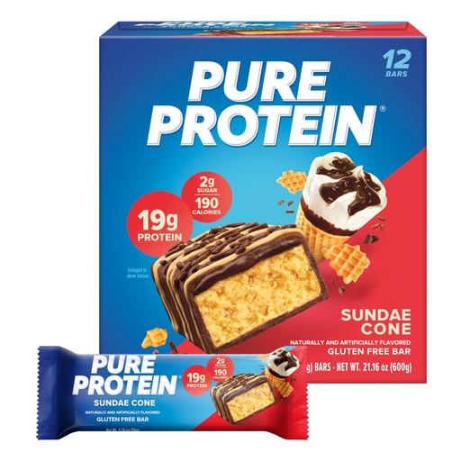 [BRSREYY5AUFGMYLP] Pure Protein Sundae Cone Protein Bars – 20g Protein, 3g Sugar, 190 Calories (12 count) Low Sugar* High Protein Snack - Gluten Free - Perfect for a Healthy Snack